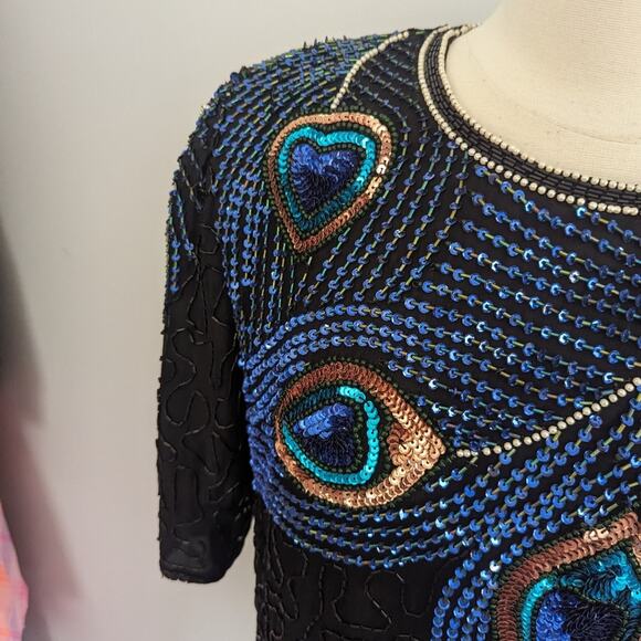 Vintage Women's Peacock 1X Elegant Black Beaded Women's Top Blouse Art to Wear - Picture 6 of 9
